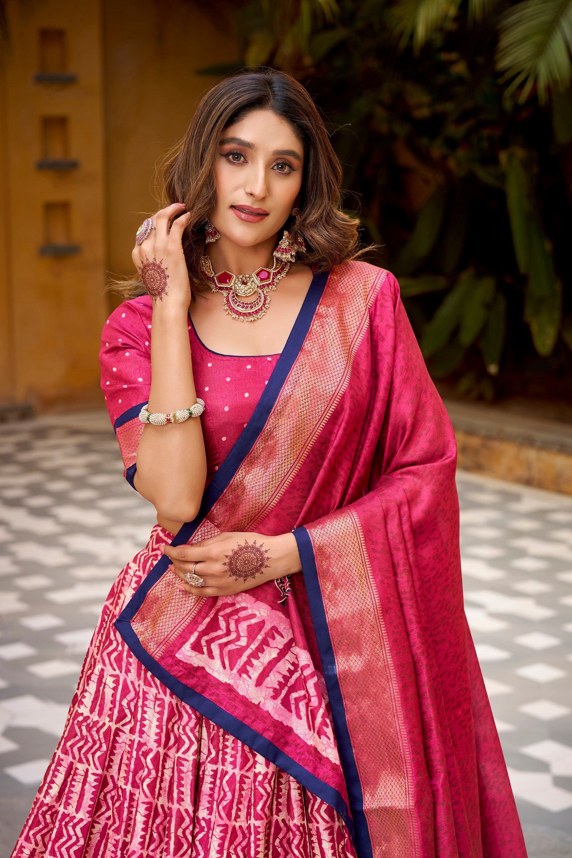 Lorenvalley Fashion Gajari Dola Silk Batik Print with Zari Weaving Work Lehenga Choli with Dupatta