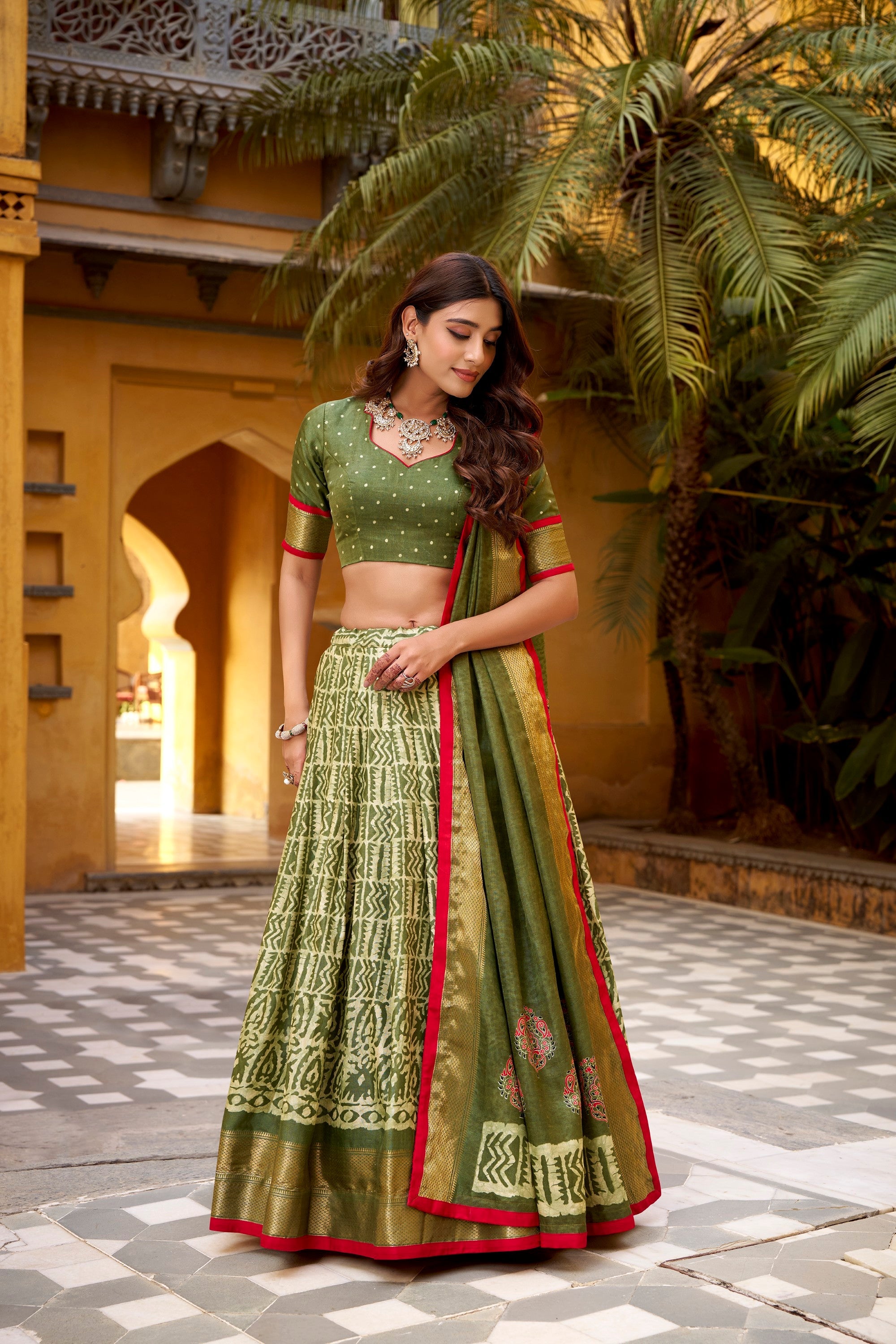 Lorenvalley Fashion Mehendi Dola Silk Batik Print with Zari Weaving Work Lehenga Choli with Dupatta