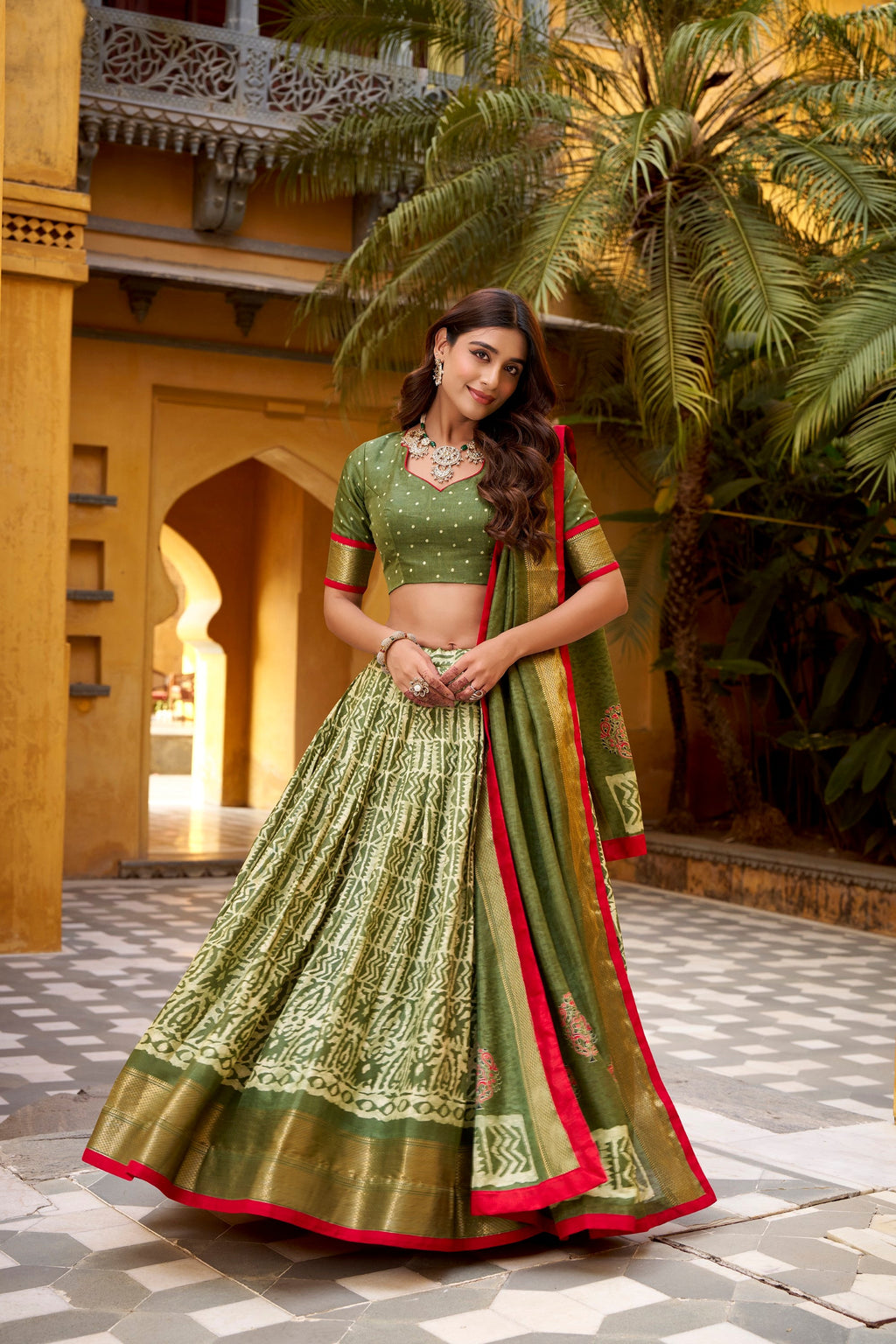 Lorenvalley Fashion Mehendi Dola Silk Batik Print with Zari Weaving Work Lehenga Choli with Dupatta