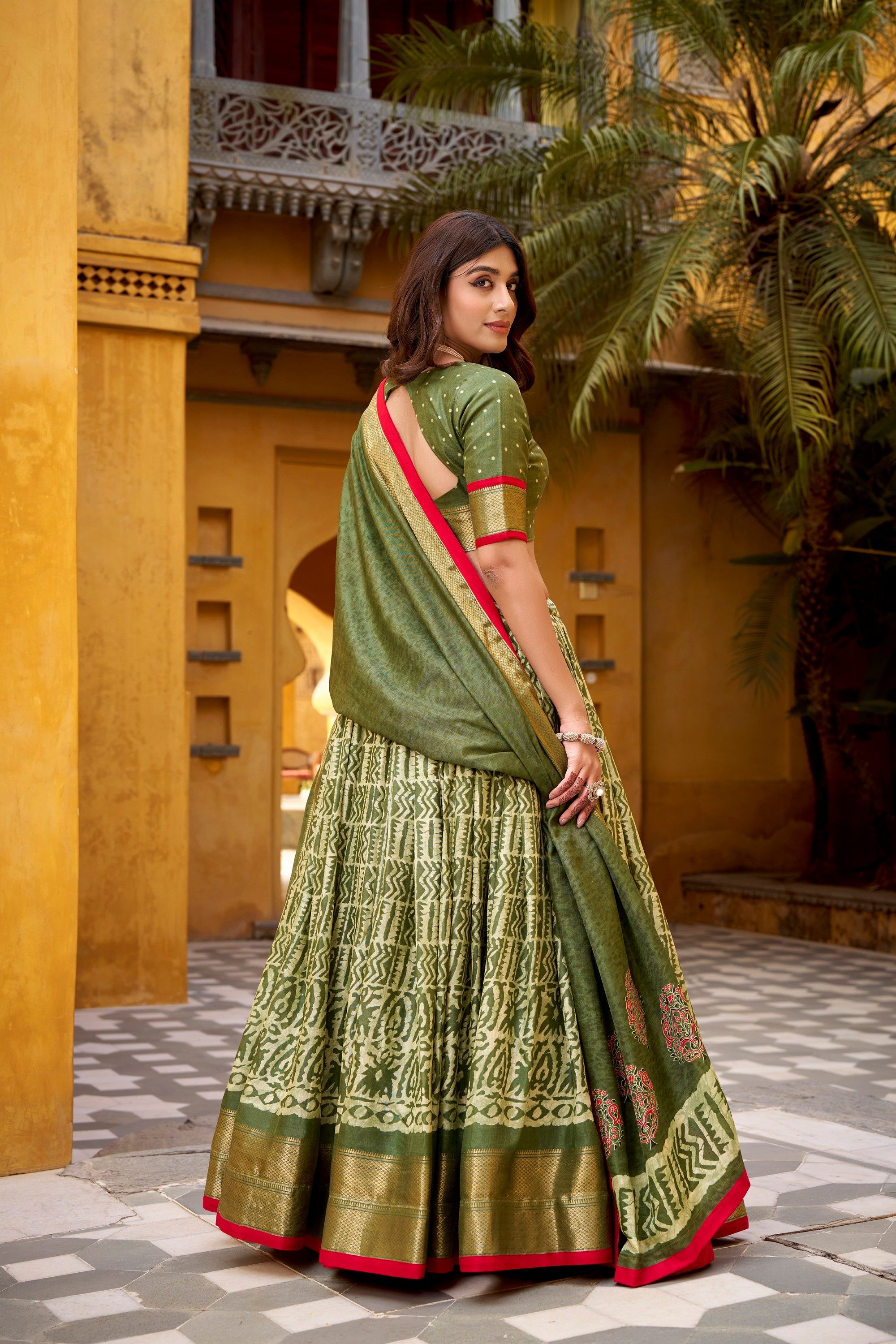Lorenvalley Fashion Mehendi Dola Silk Batik Print with Zari Weaving Work Lehenga Choli with Dupatta