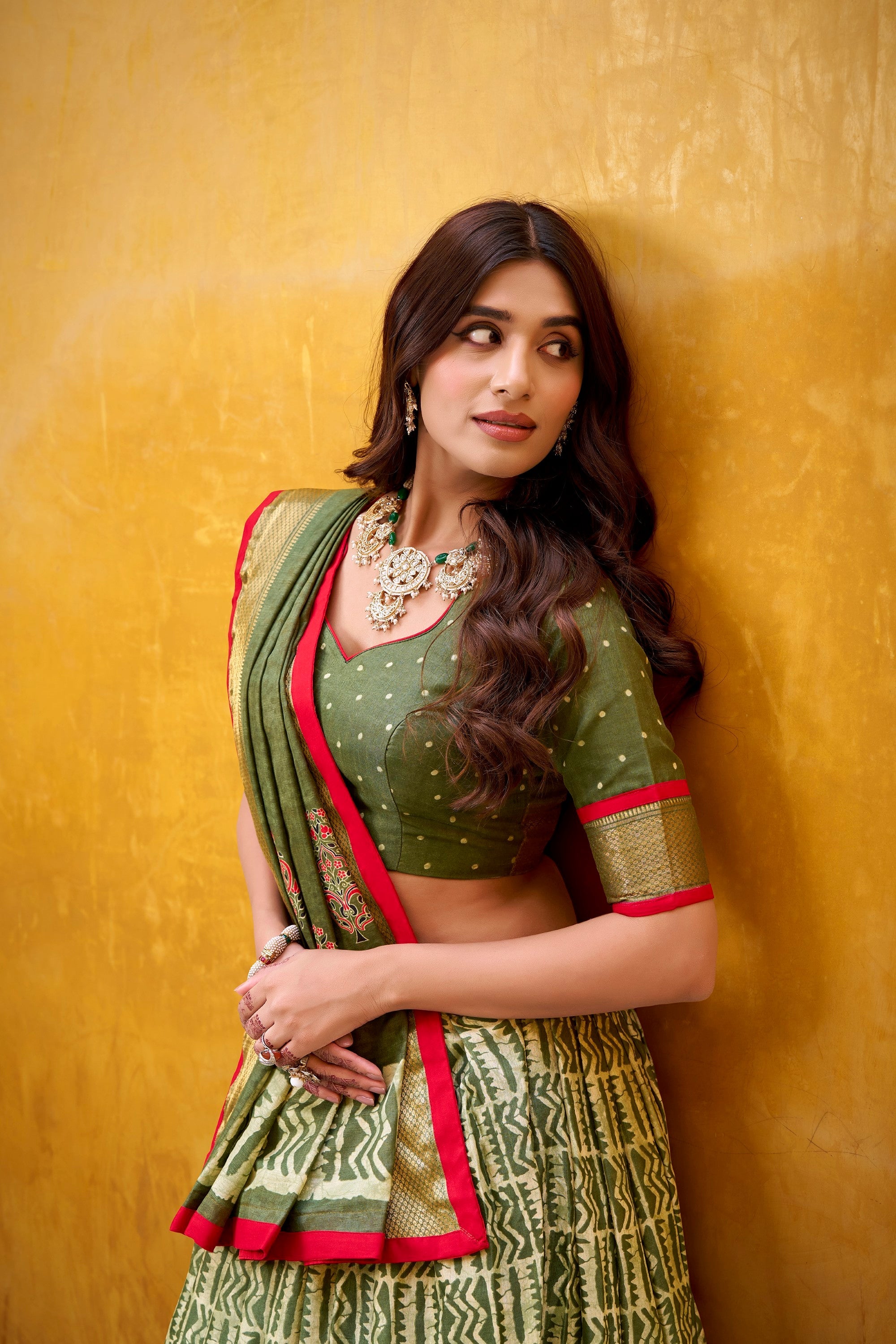 Lorenvalley Fashion Mehendi Dola Silk Batik Print with Zari Weaving Work Lehenga Choli with Dupatta