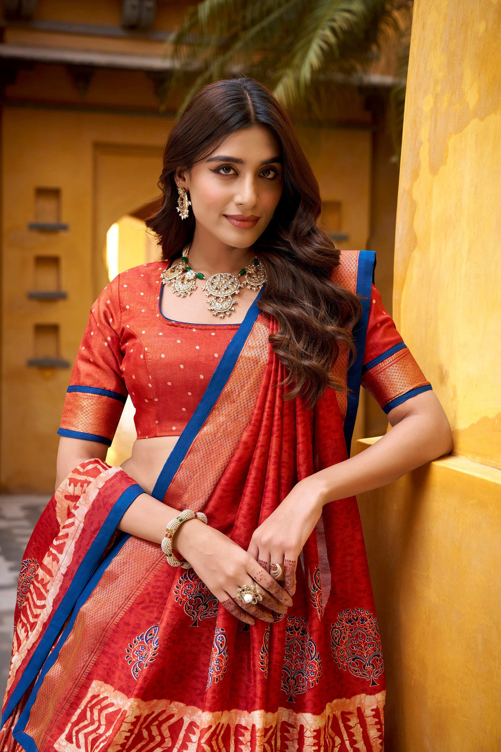 Lorenvalley Fashion Rust Dola Silk Batik Print with Zari Weaving Work Lehenga Choli with Dupatta