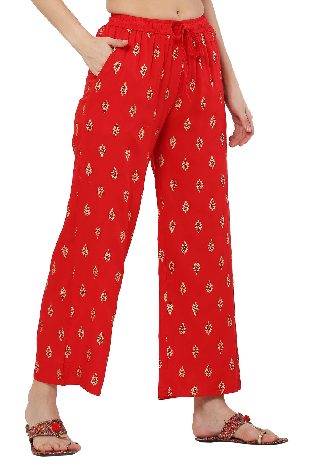 PAVONINE Red Color Full Golden Leaf Print Palazzo For Women Pant