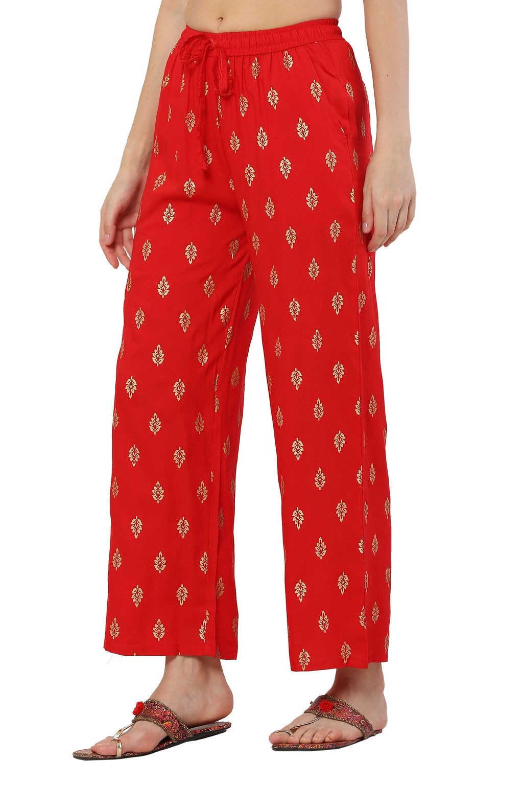 PAVONINE Red Color Full Golden Leaf Print Palazzo For Women Pant