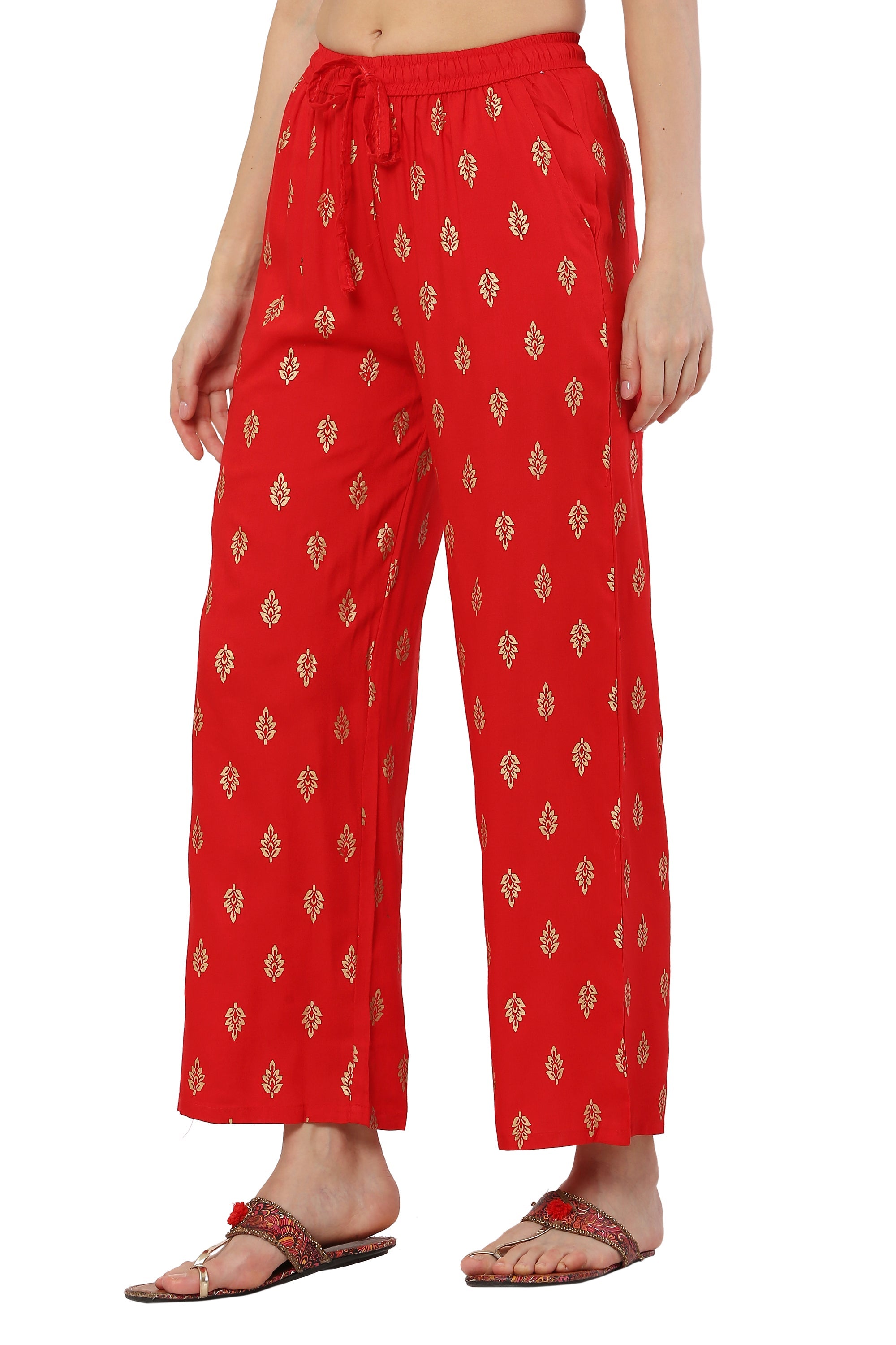 PAVONINE Red Color Full Golden Leaf Print Palazzo For Women Pant