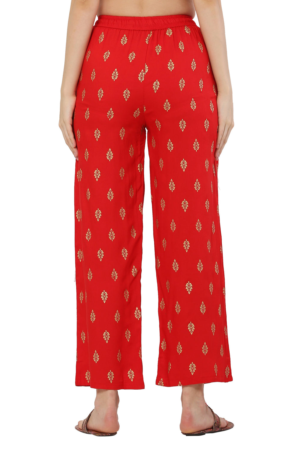 PAVONINE Red Color Full Golden Leaf Print Palazzo For Women Pant