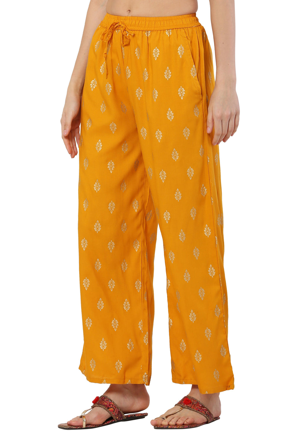 PAVONINE Mustard Color Full Golden Leaf Print Palazzo For Women Pant