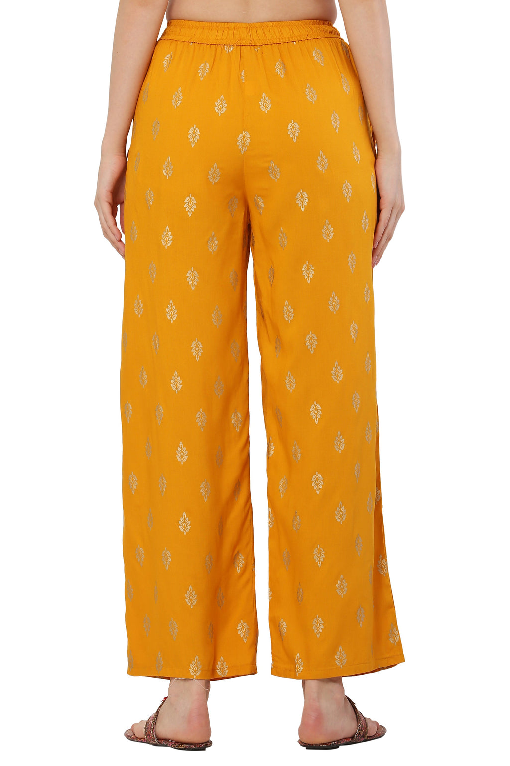 PAVONINE Mustard Color Full Golden Leaf Print Palazzo For Women Pant