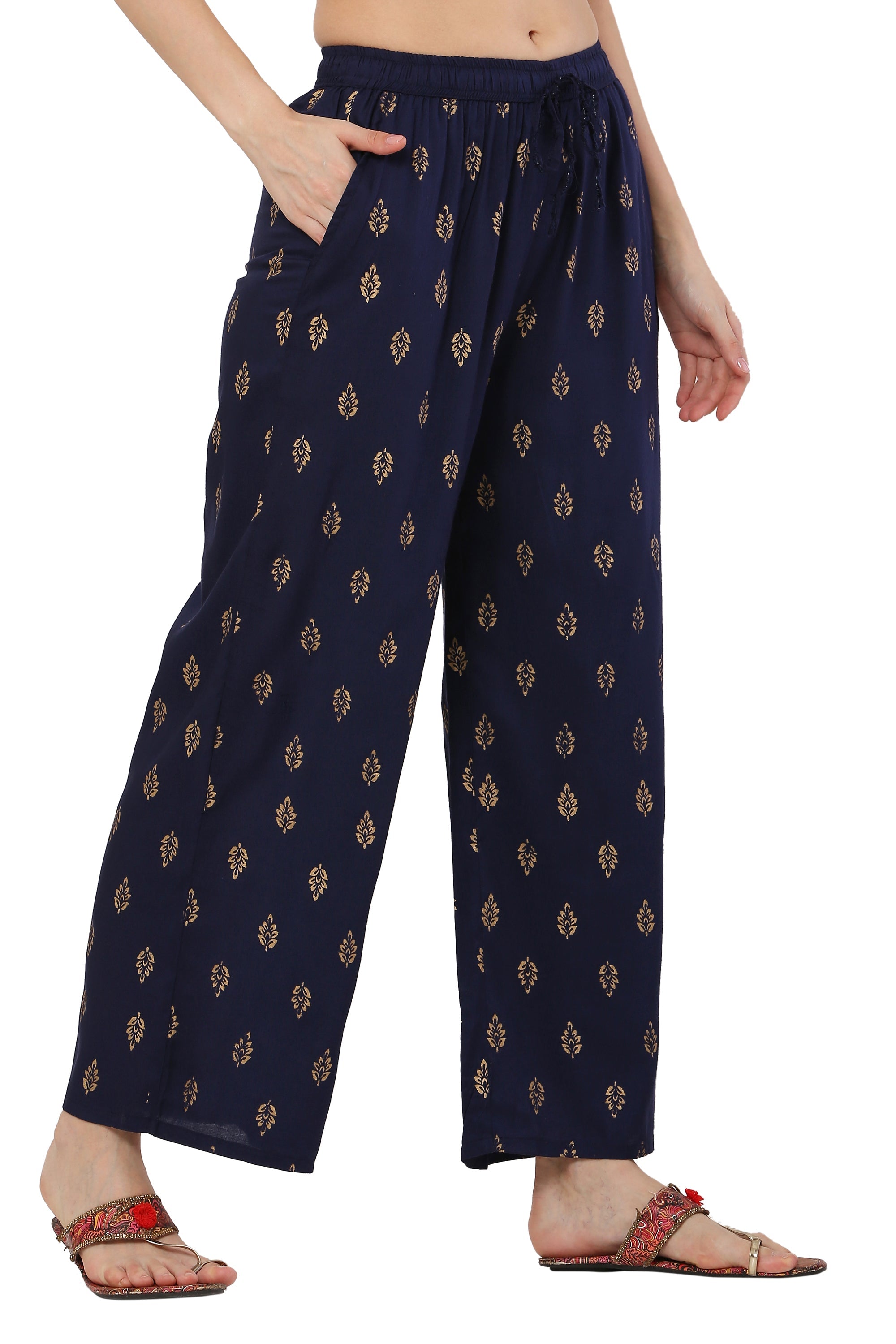 PAVONINE Navy Blue Color Full Golden Leaf Print Palazzo For Women Pant