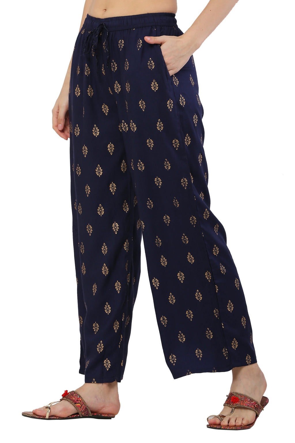 PAVONINE Navy Blue Color Full Golden Leaf Print Palazzo For Women Pant