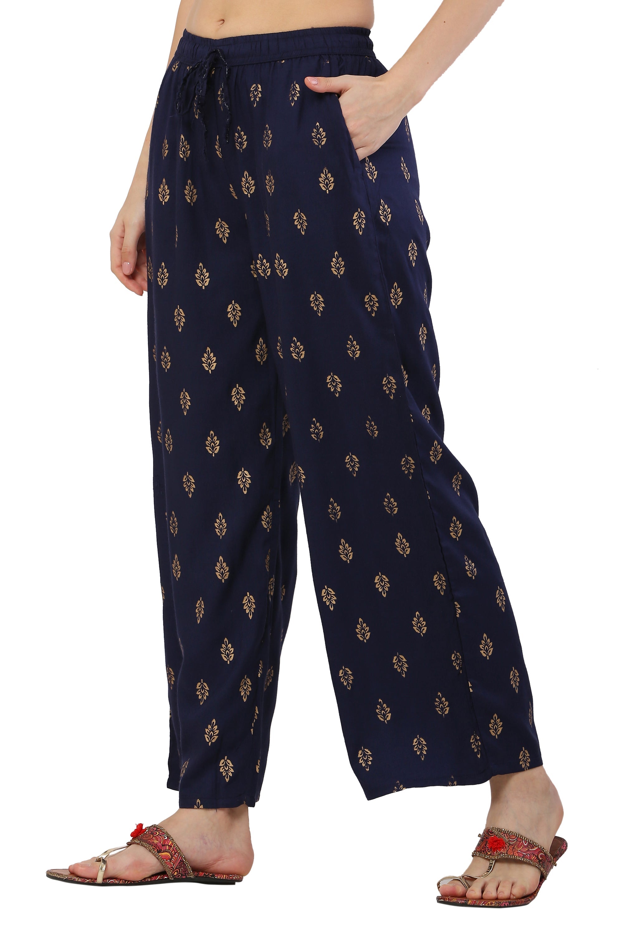 PAVONINE Navy Blue Color Full Golden Leaf Print Palazzo For Women Pant
