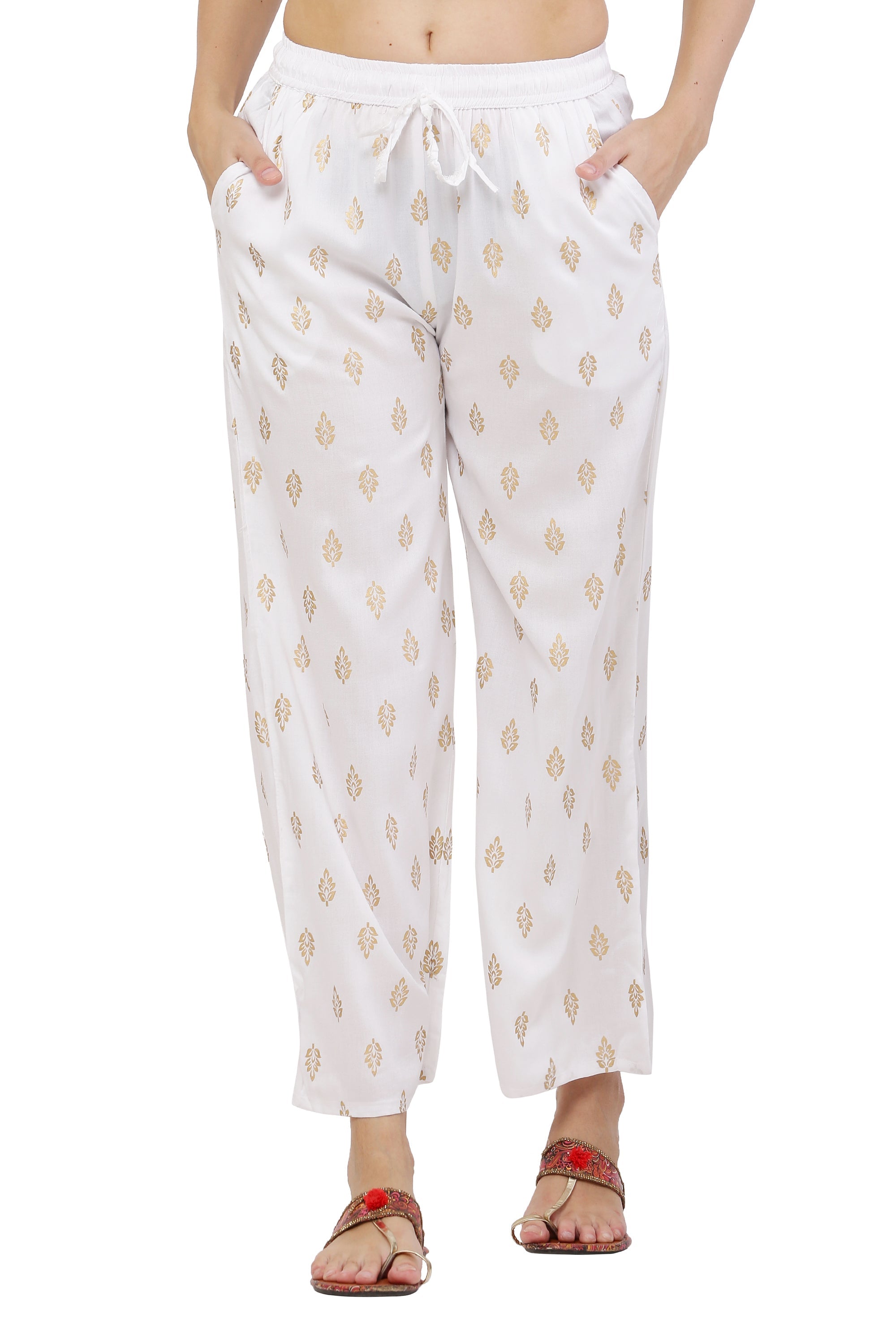 PAVONINE White Color Full Golden Leaf Print Palazzo For Women Pant
