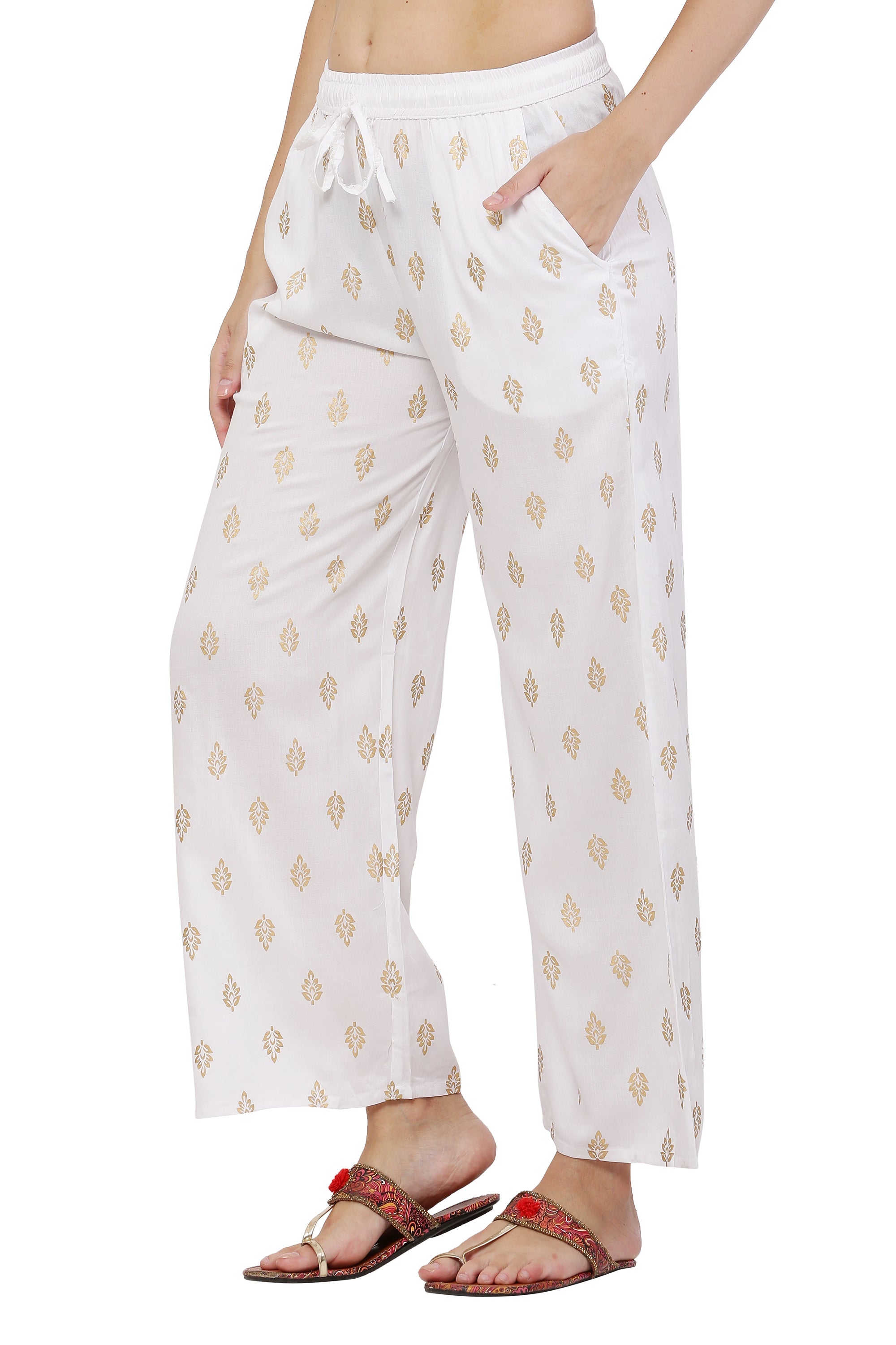 PAVONINE White Color Full Golden Leaf Print Palazzo For Women Pant