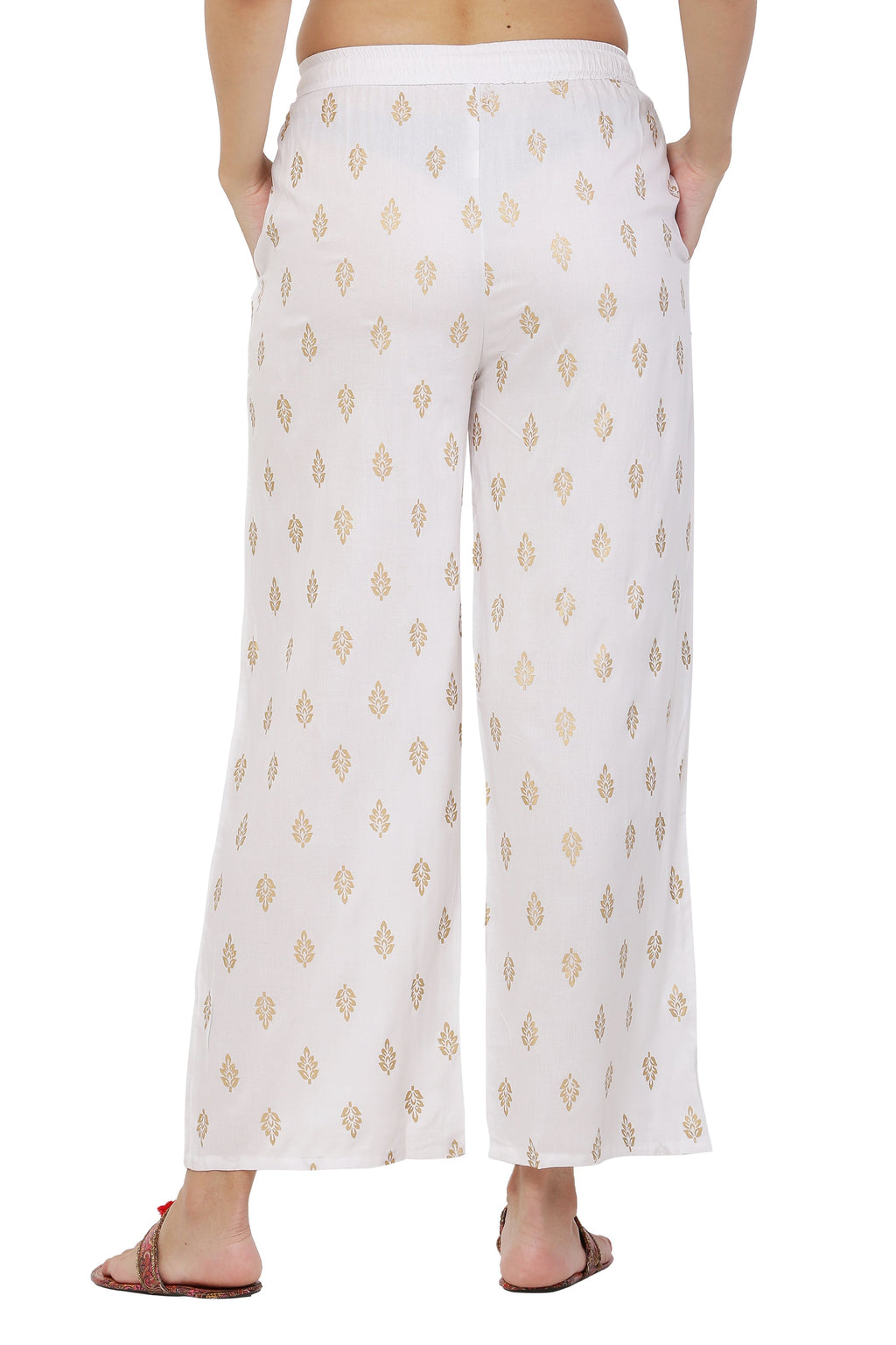 PAVONINE White Color Full Golden Leaf Print Palazzo For Women Pant