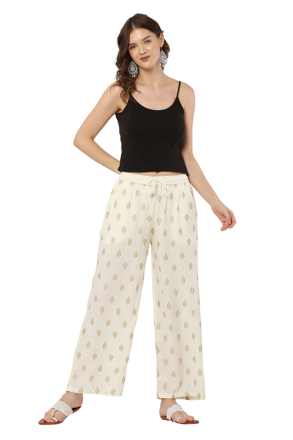 PAVONINE Off White Color Full Golden Leaf Print Palazzo For Women Pant