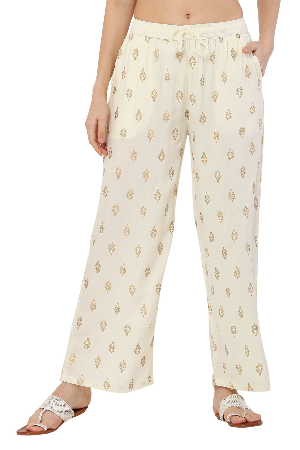 PAVONINE Off White Color Full Golden Leaf Print Palazzo For Women Pant