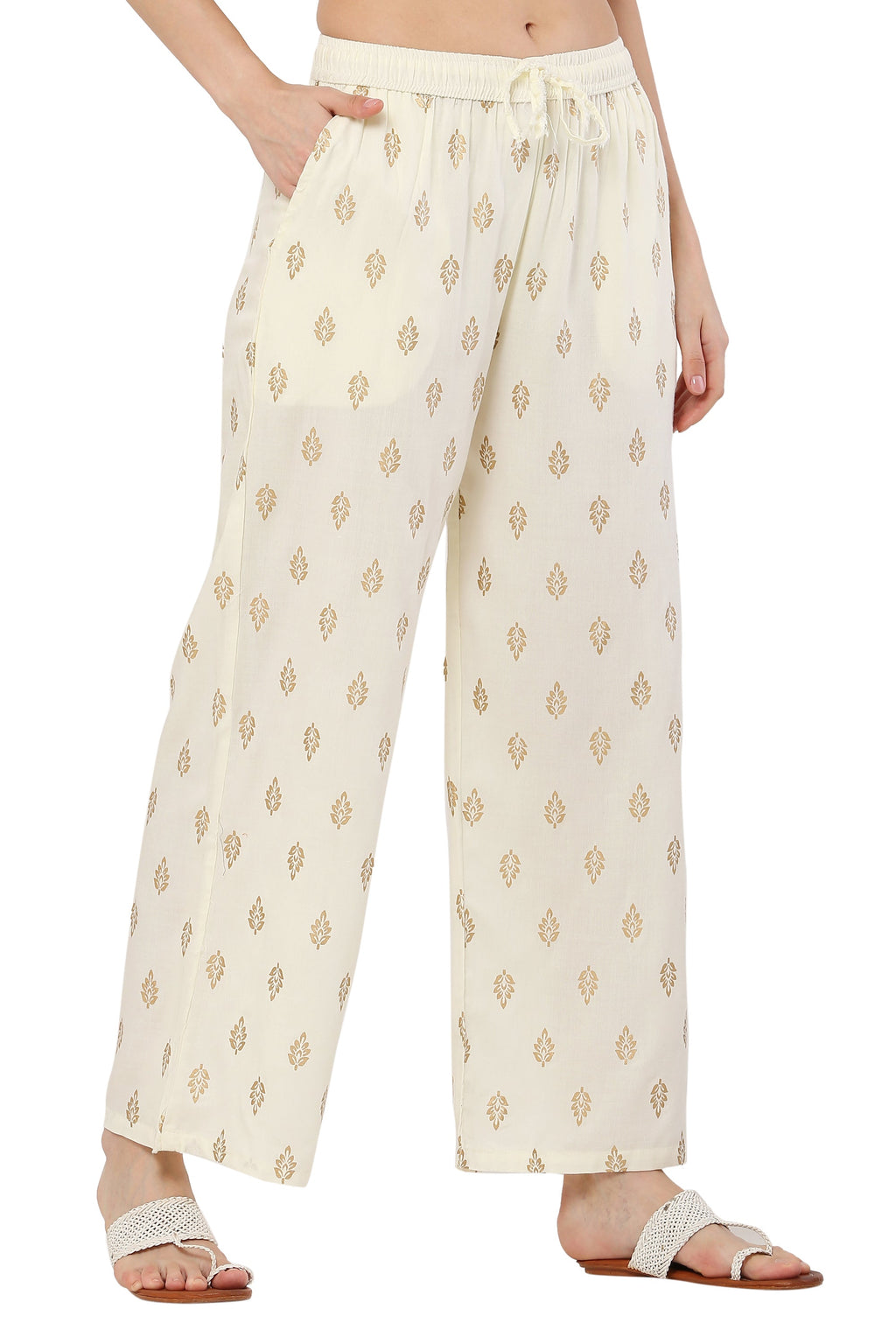 PAVONINE Off White Color Full Golden Leaf Print Palazzo For Women Pant