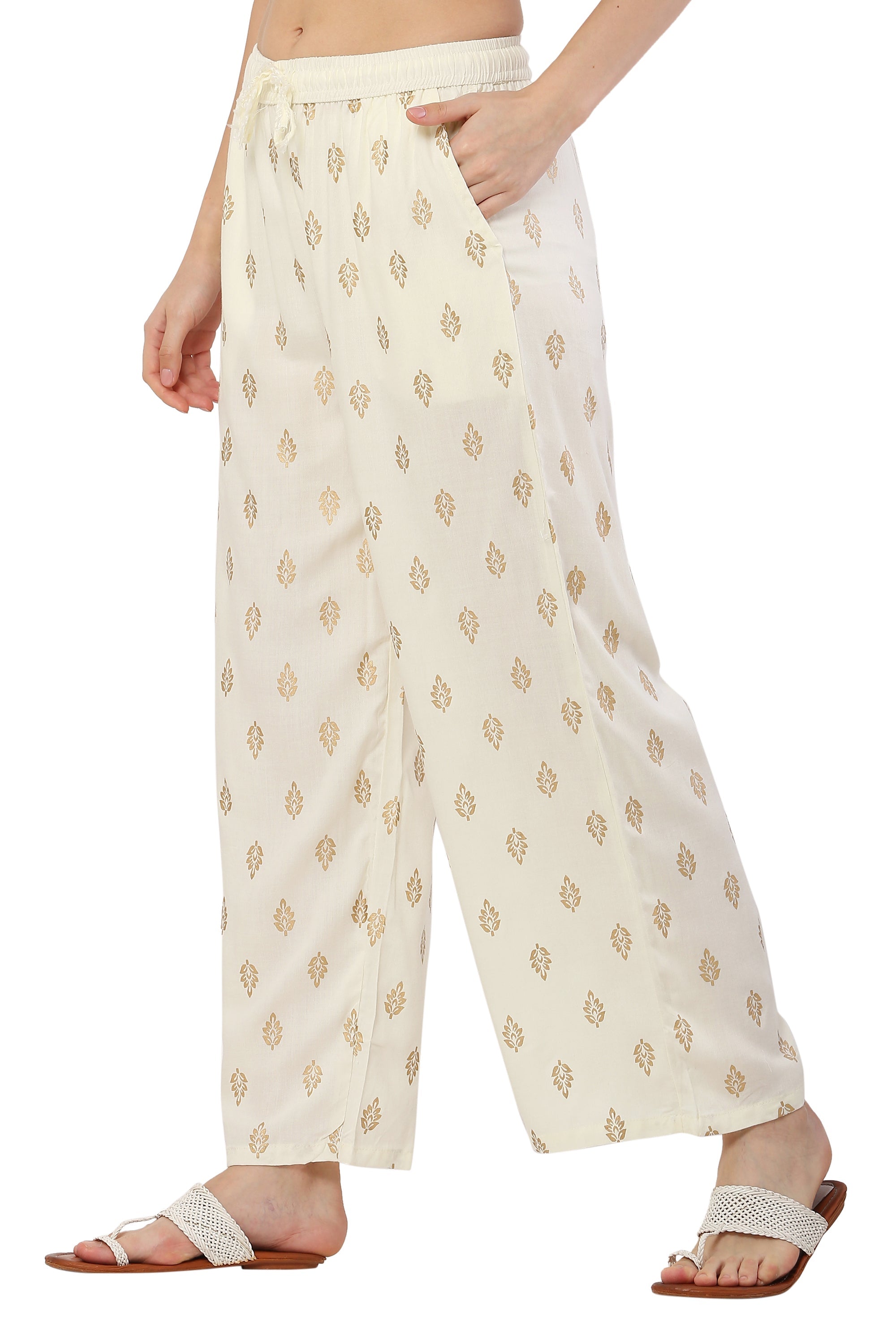 PAVONINE Off White Color Full Golden Leaf Print Palazzo For Women Pant