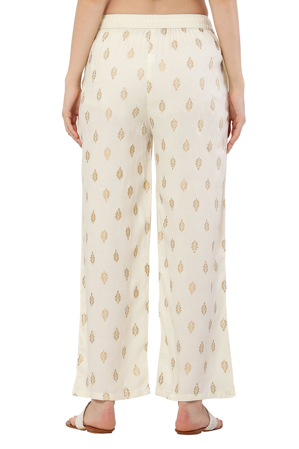 PAVONINE Off White Color Full Golden Leaf Print Palazzo For Women Pant