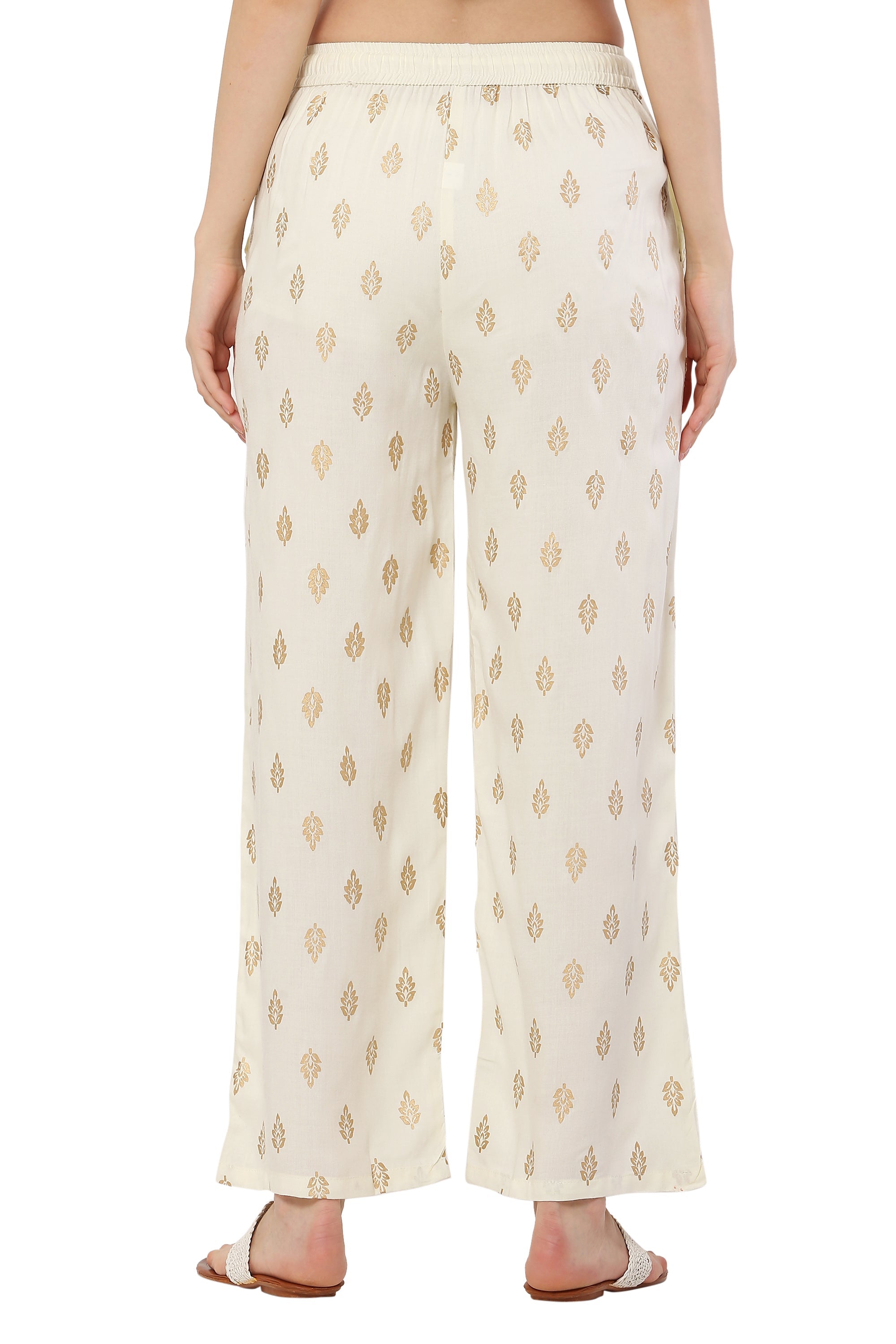 PAVONINE Off White Color Full Golden Leaf Print Palazzo For Women Pant