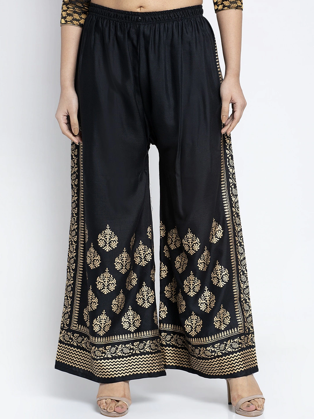 PAVONINE Black Color Block Side Printed Rayon Fabric Sharara For Women
