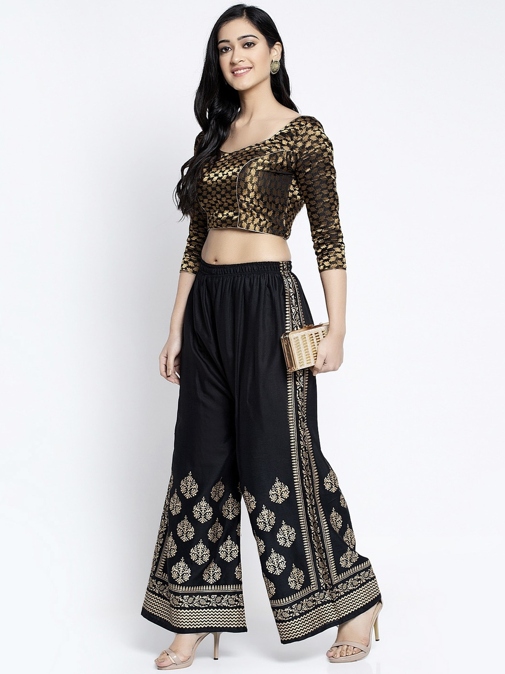 PAVONINE Black Color Block Side Printed Rayon Fabric Sharara For Women