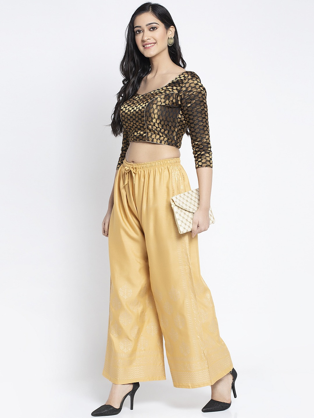 PAVONINE Beige Color Block Side Printed Rayon Fabric Sharara For Women