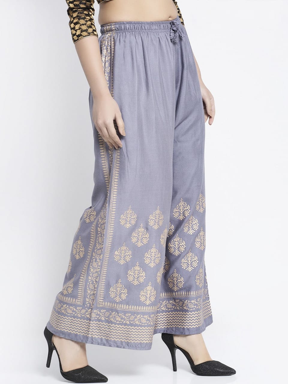 PAVONINE Grey Color Block Side Printed Rayon Fabric Sharara For Women