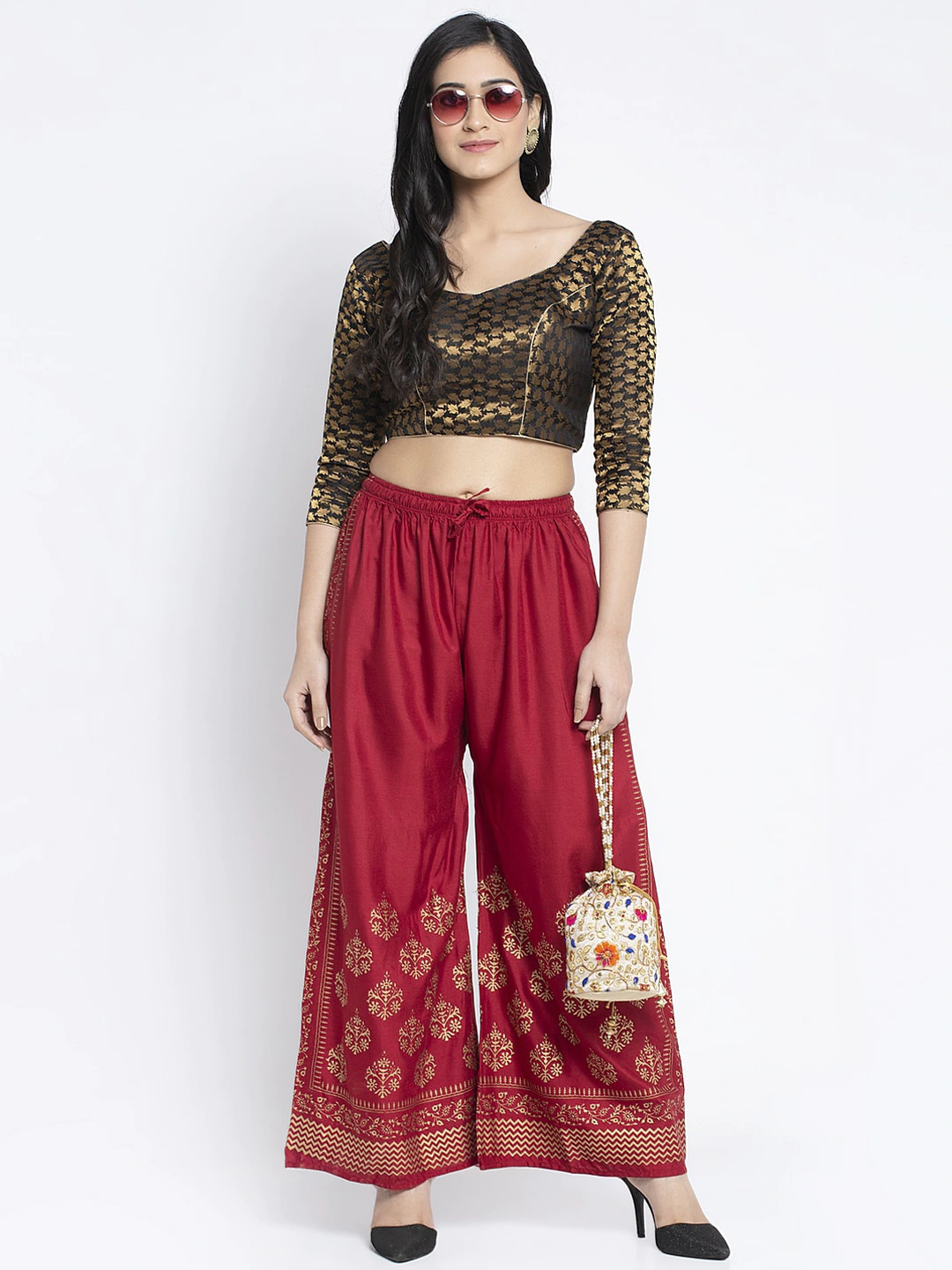 PAVONINE Maroon Color Block Side Printed Rayon Fabric Sharara For Women
