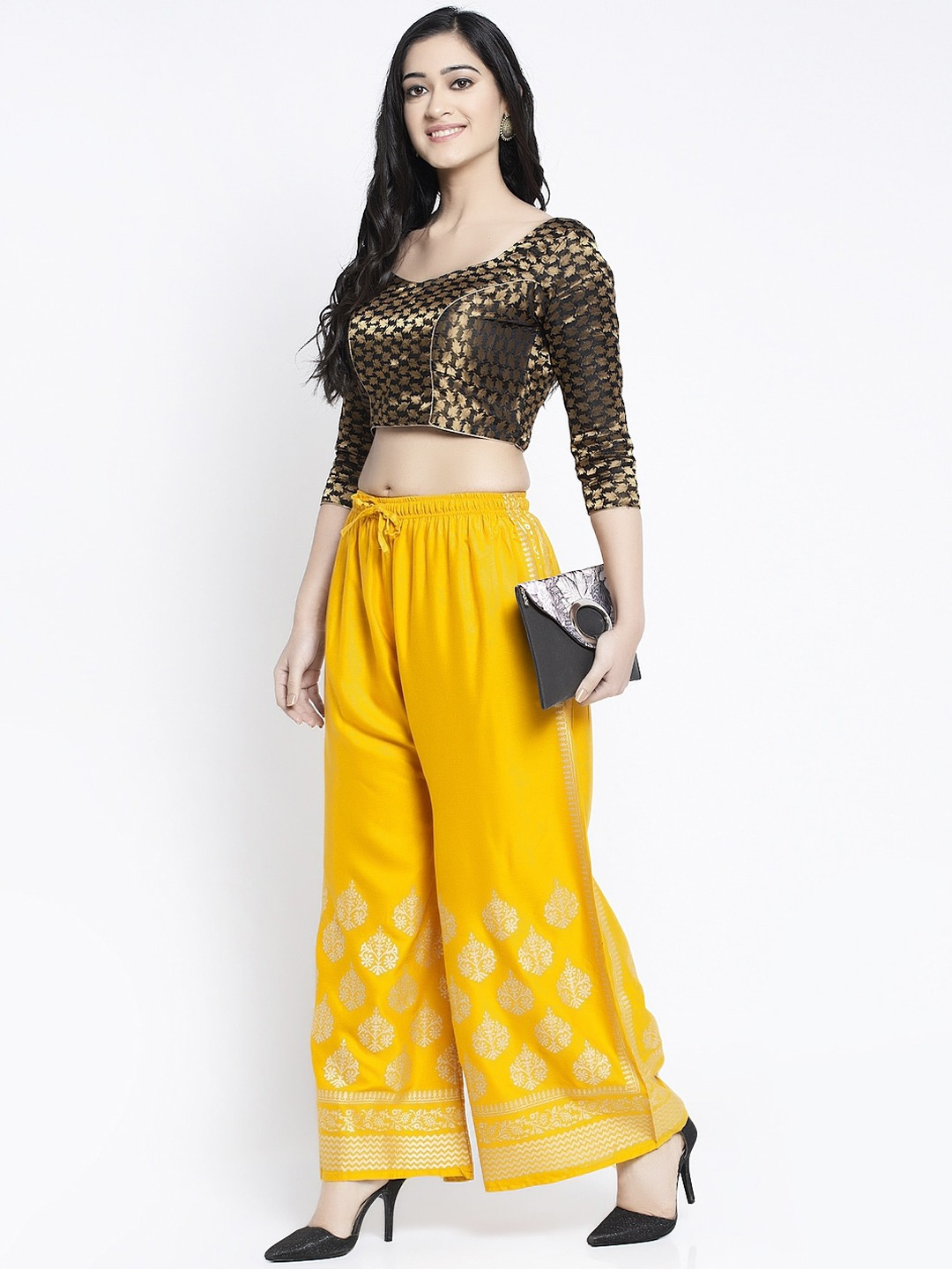 PAVONINE Mustard Color Block Side Printed Rayon Fabric Sharara For Women
