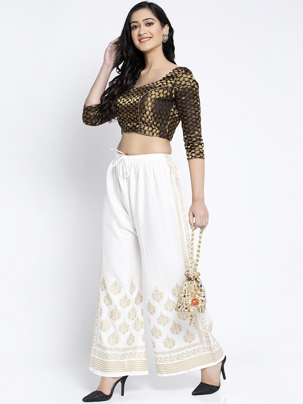 PAVONINE Off-White Color Block Side Printed Rayon Fabric Sharara For Women