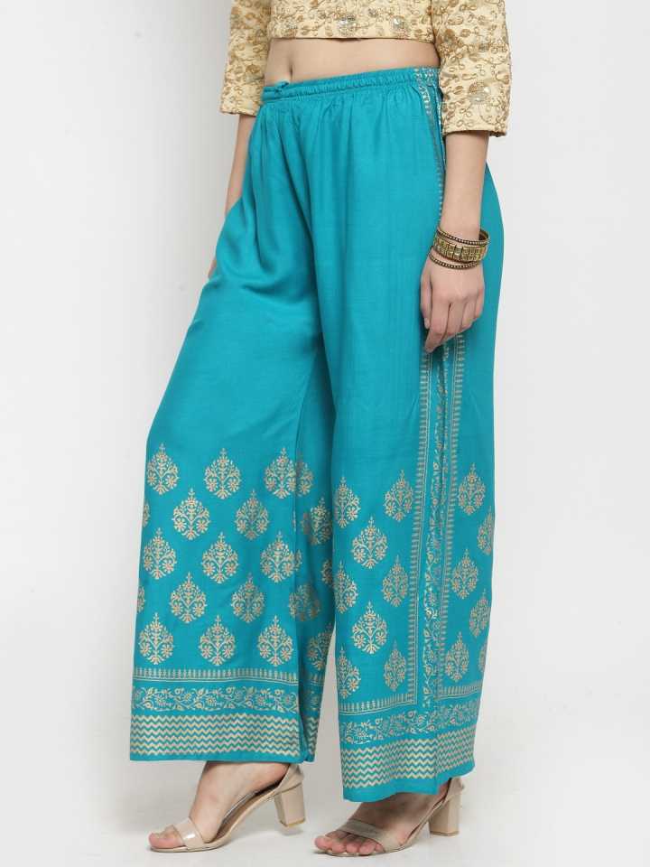 PAVONINE Rama Green Color Block Side Printed Rayon Fabric Sharara For Women