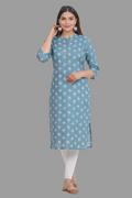 House of RP Women's Grey Cotton Floral Print Straight Kurta