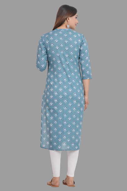 House of RP Women's Grey Cotton Floral Print Straight Kurta