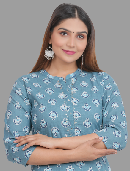 House of RP Women's Grey Cotton Floral Print Straight Kurta