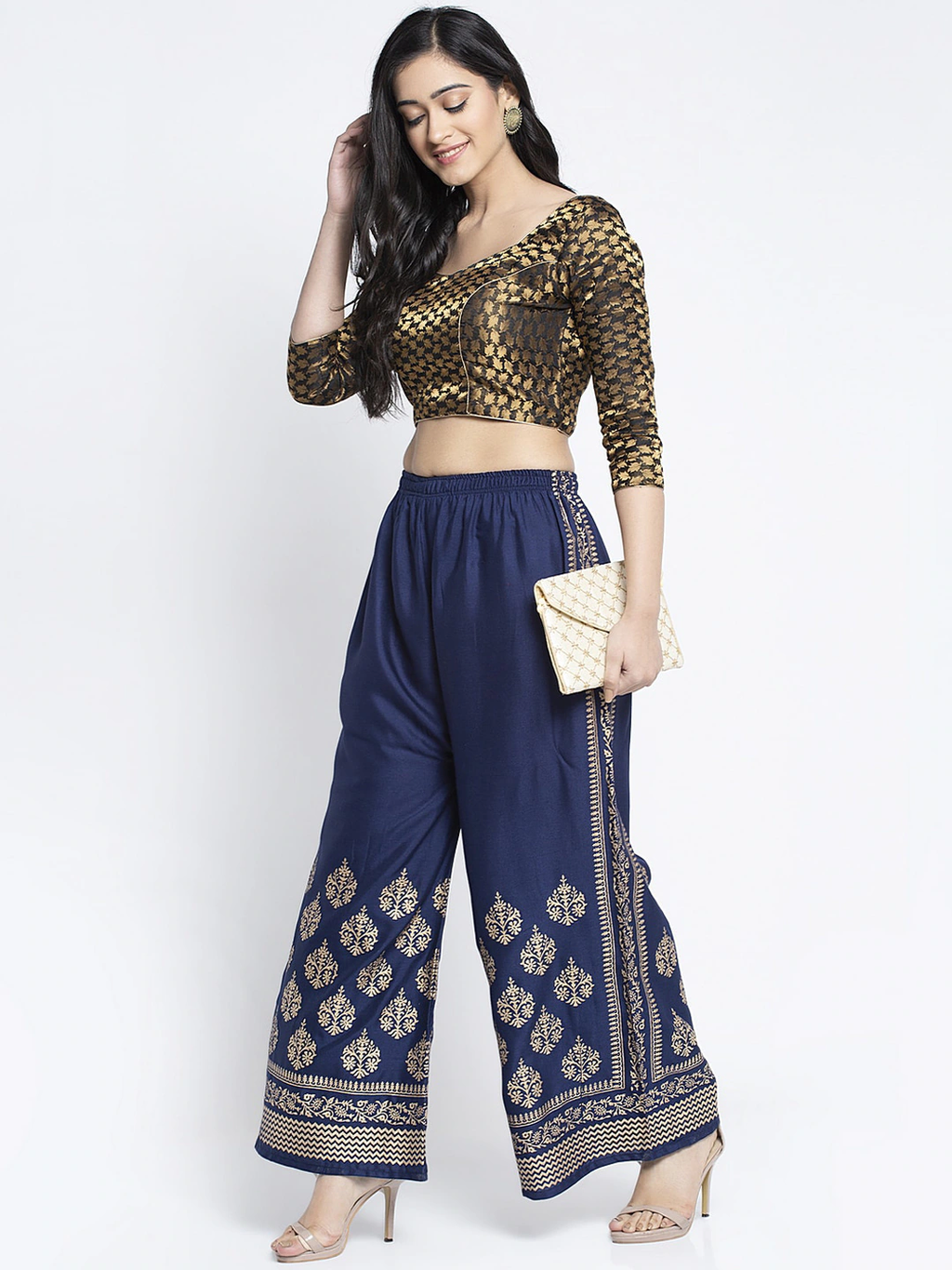 PAVONINE Royal Blue Color Block Side Printed Rayon Fabric Sharara For Women