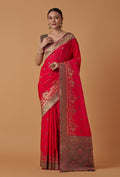 Monjolika Fashion Pink Banarasi Silk Blend SareeWith Traditional & Modern Dulha Dulhan Figure Zari Woven Detailing