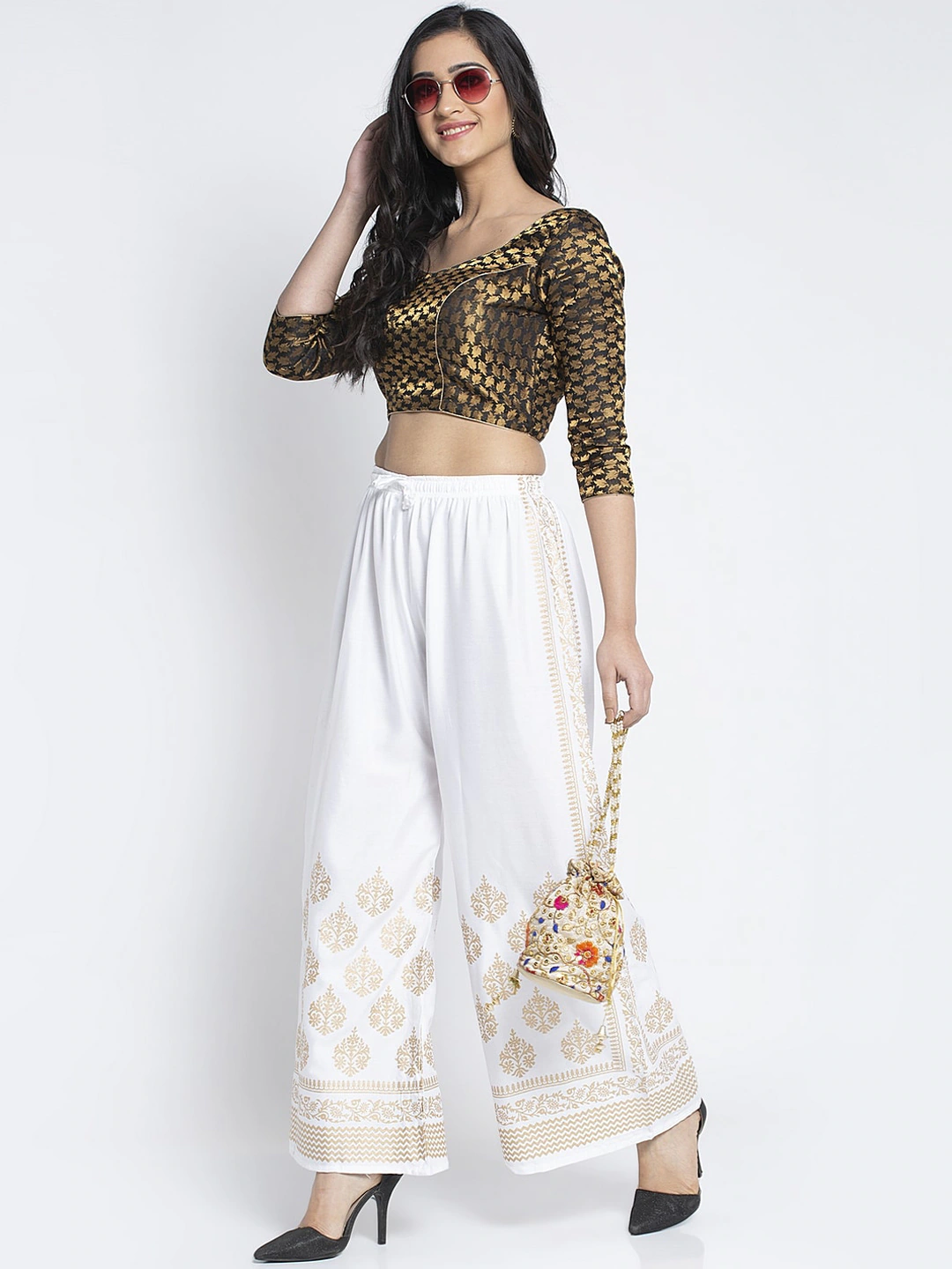 PAVONINE White Color Block Side Printed Rayon Fabric Sharara For Women