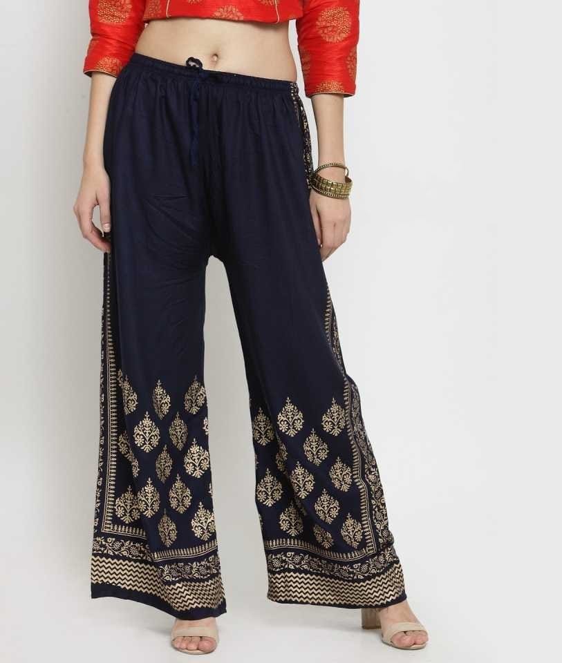 PAVONINE Navy Blue Color Block Side Printed Rayon Fabric Sharara For Women