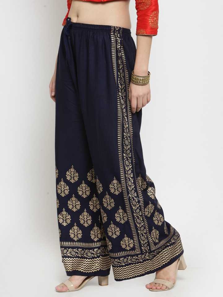 PAVONINE Navy Blue Color Block Side Printed Rayon Fabric Sharara For Women