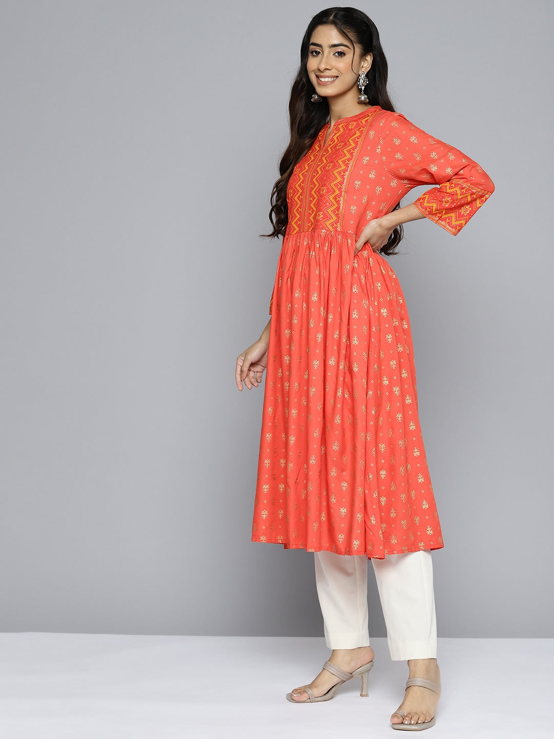 HERE&NOW Women Orange Ethnic Motifs Printed Kurta