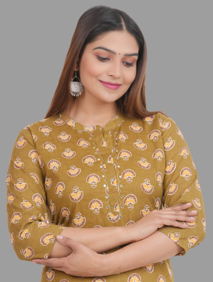 House of RP Women's Brown Cotton Floral Print Straight Kurta