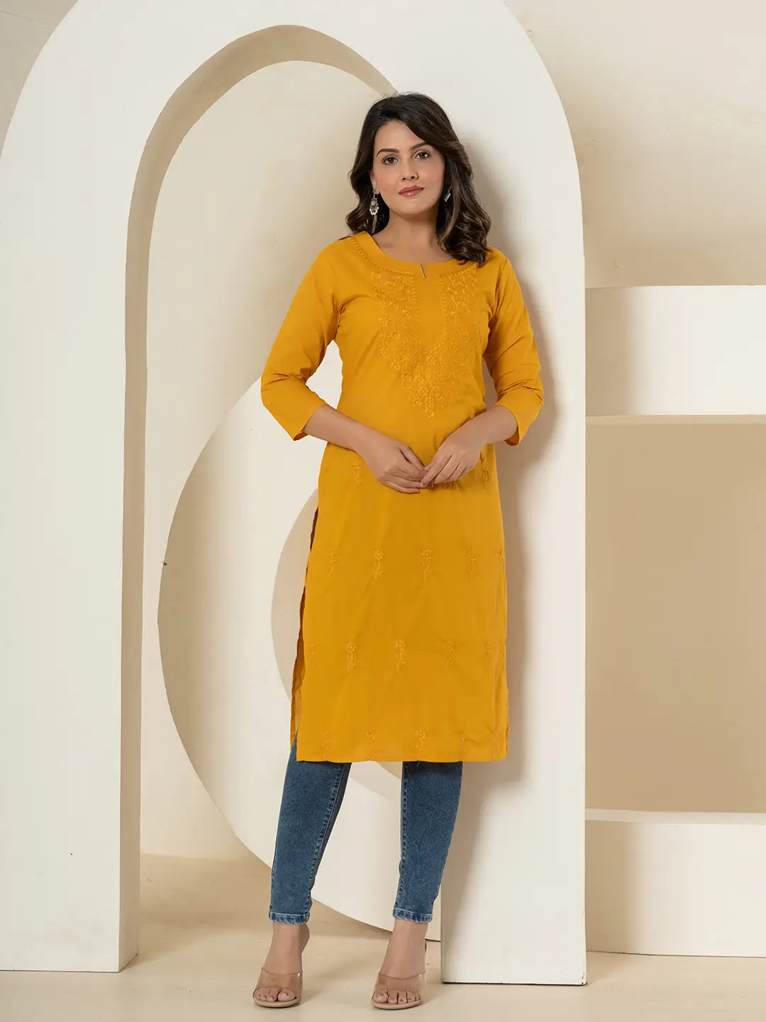 Yufta Women Mustard Chikankari Straight Kurta
