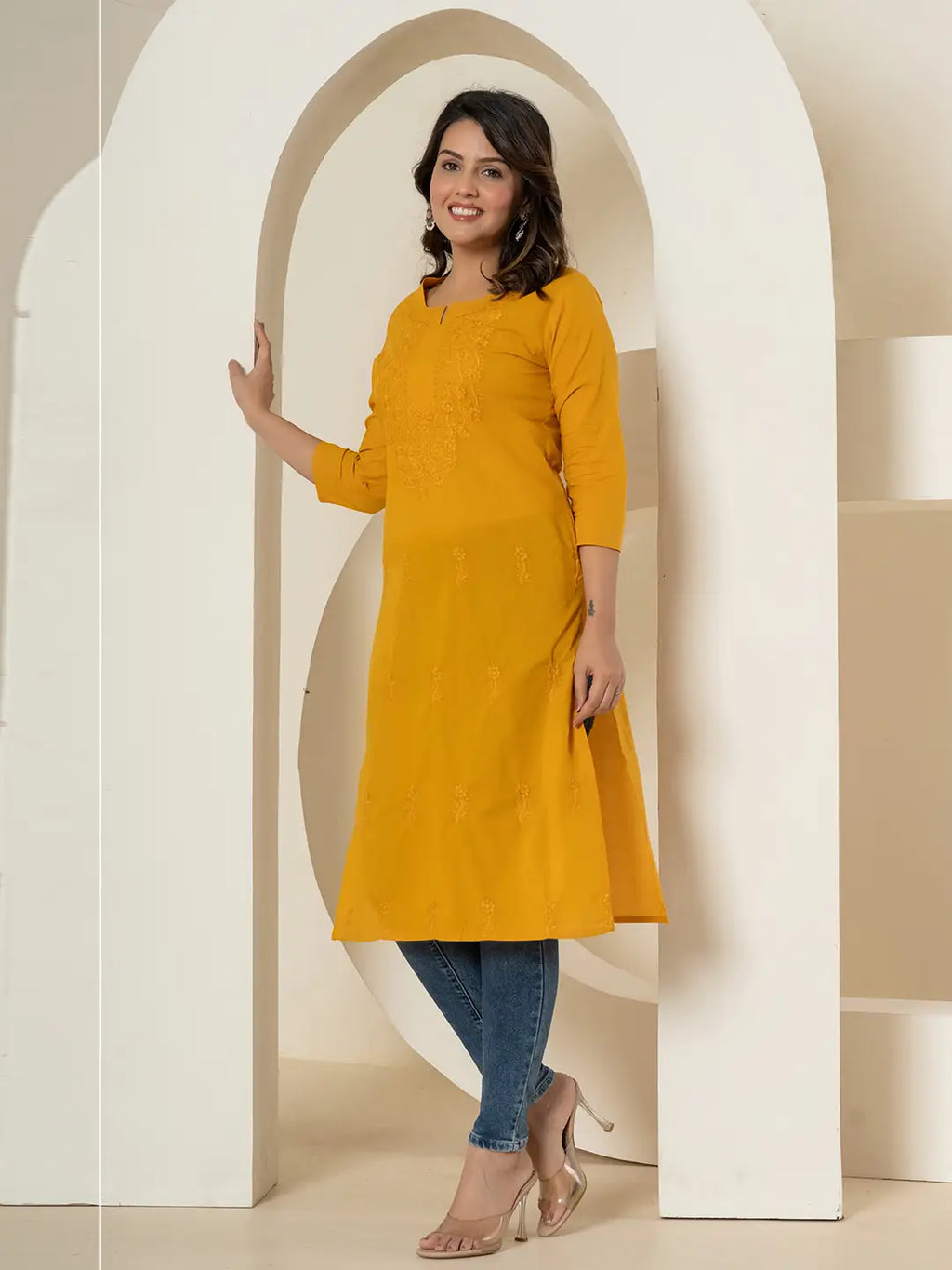 Yufta Women Mustard Chikankari Straight Kurta