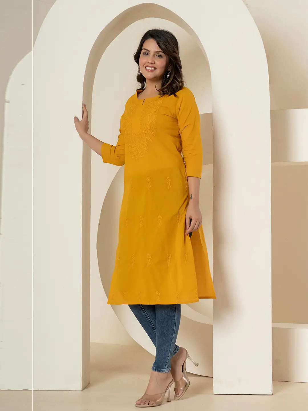 Yufta Women Mustard Chikankari Straight Kurta