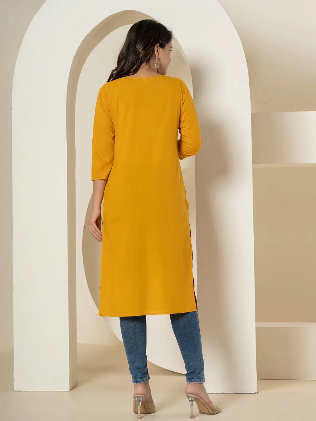 Yufta Women Mustard Chikankari Straight Kurta