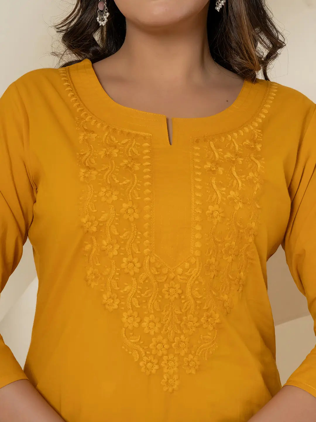 Yufta Women Mustard Chikankari Straight Kurta