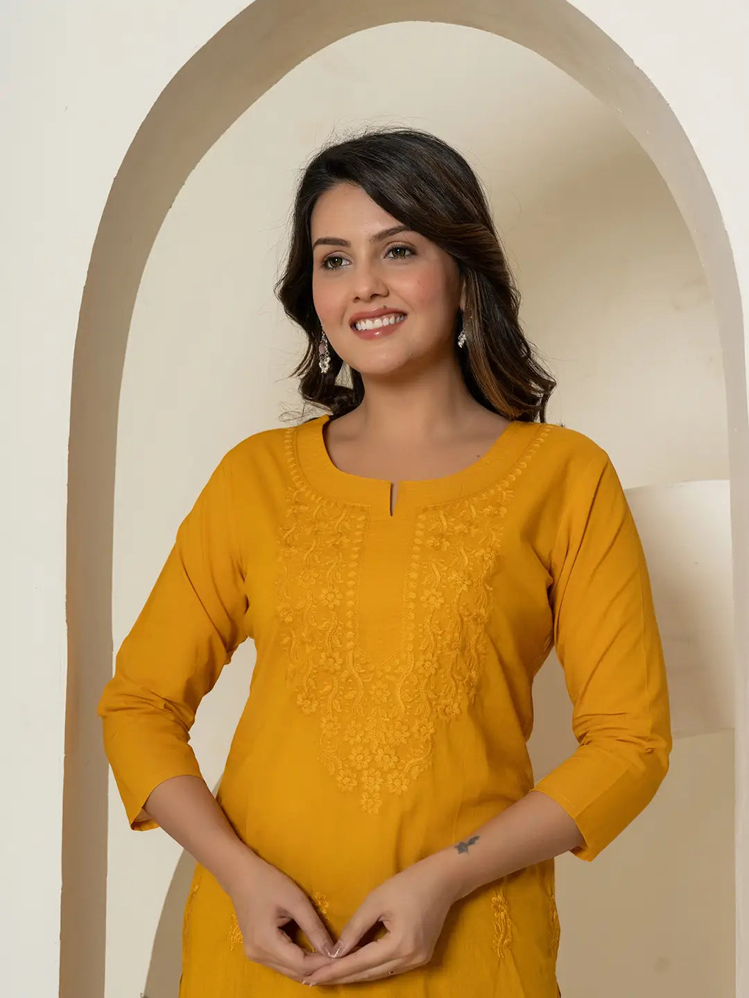 Yufta Women Mustard Chikankari Straight Kurta
