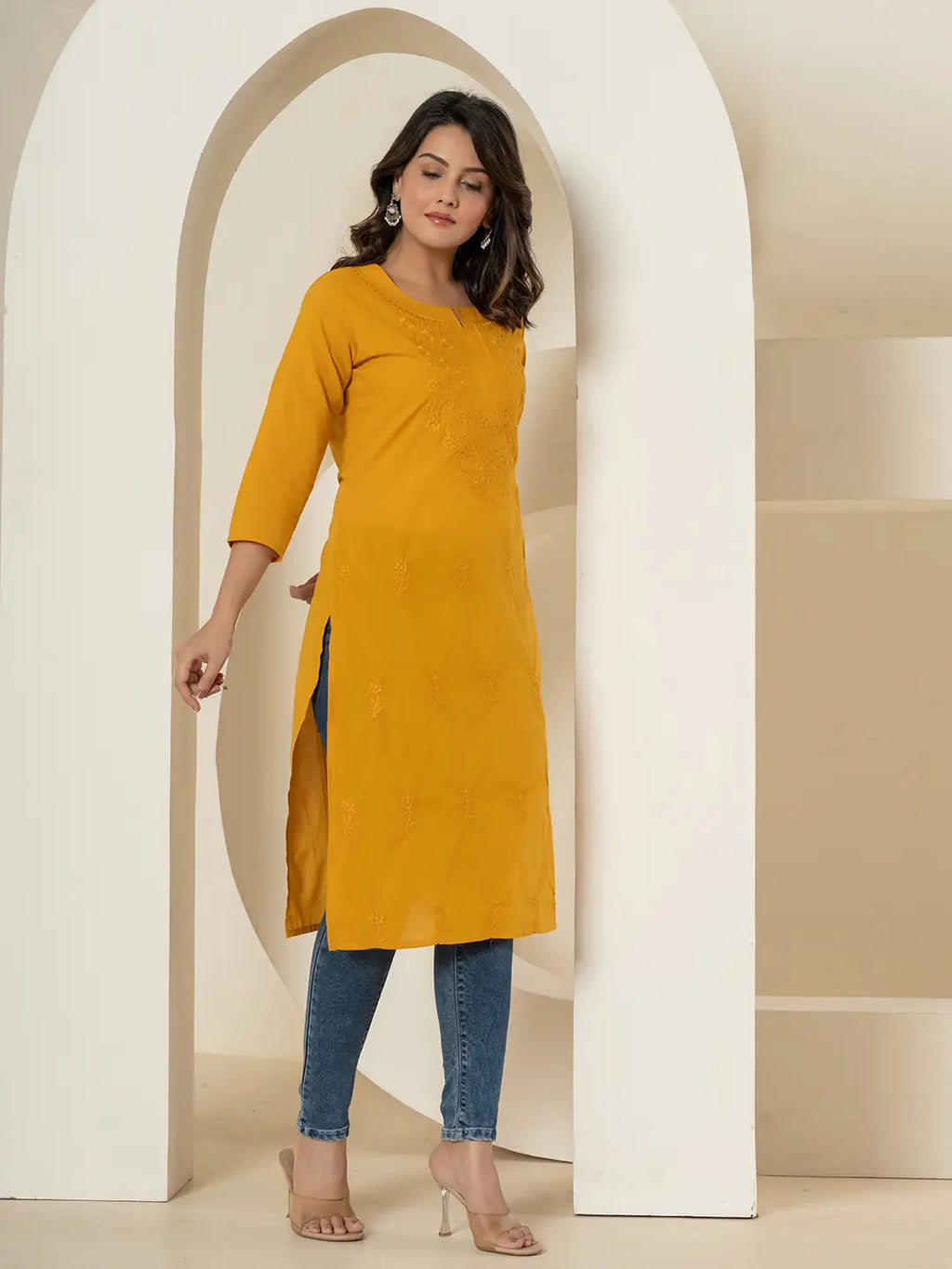 Yufta Women Mustard Chikankari Straight Kurta