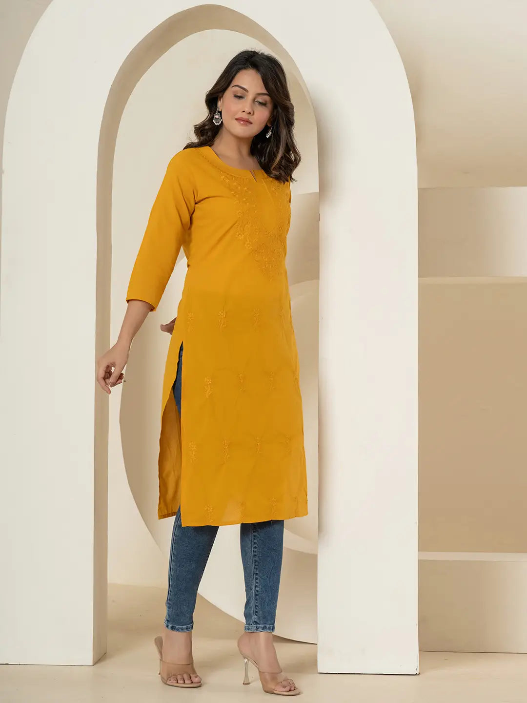 Yufta Women Mustard Chikankari Straight Kurta